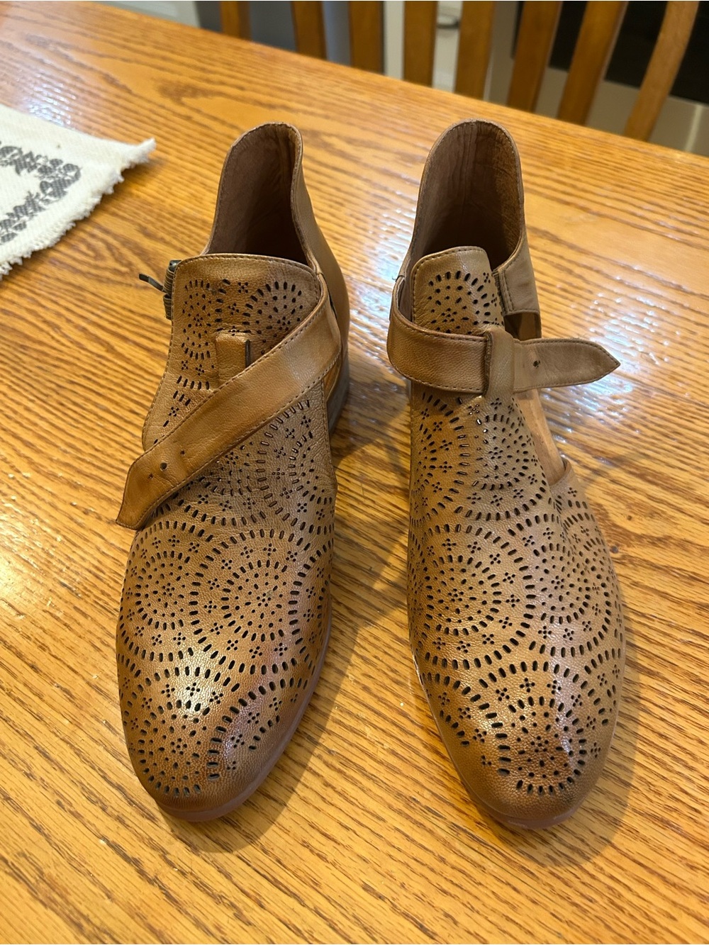 Spring Step Tan Perforated Leather Ankle Booties with Buckle Strap